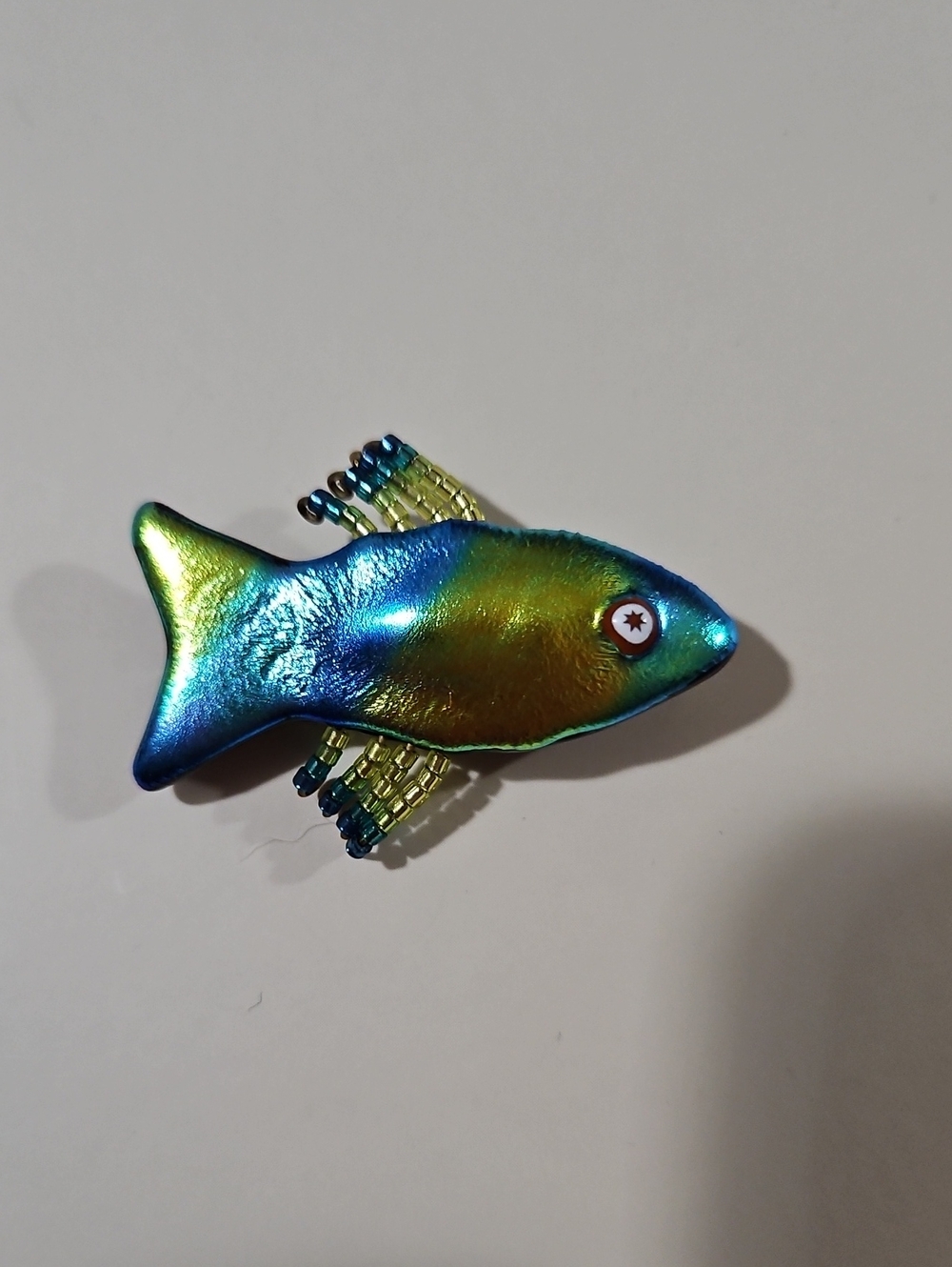 Handmade Painted Beaded Art Glass Fish Brooch Pin Unsigned EUC